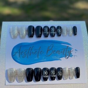 CHANEL Black and Silver Glitter Logo Press-On Nail Set